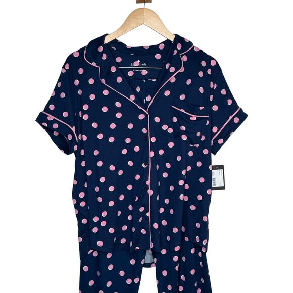 Kate Spade NY Pajama Set Womens L Blue Pink Polka Dot 2Pc Comfy Sleepwear NWT - Picture 10 of 12
